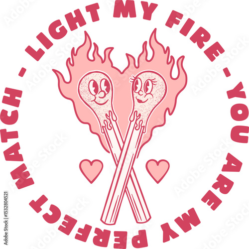 Cartoon matches are crossing in 2D flat, forming fire heart bold curved text transparent background