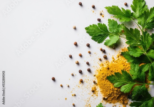 A vibrant flatlay showcasing yellow curry powder, peppercorns, and fresh parsley sprigs on a light grey background