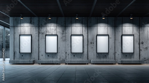 Five blank frames hang on a textured concrete wall, illuminated by spotlights in a modern, minimalist interior space.  A long bench runs beneath