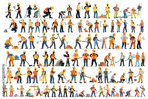 Diverse Construction Workers in Action.A large collection of flat illustration construction workers in various poses, showcasing different tasks.