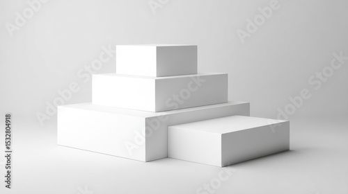 A tiered, white, cubic display structure, minimalist and clean, set against a plain white background