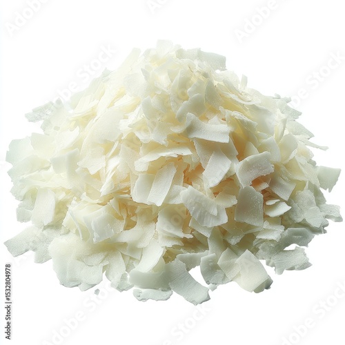 A sizable pile of unsweetened, desiccated coconut flakes, appearing light and fluffy, with varying sizes and shapes of pieces