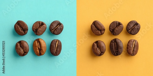 Twelve roasted coffee beans arranged in two grids on contrasting blue and yellow backgrounds