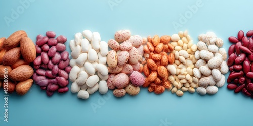 Assorted legumes and almonds arranged in rows on a light blue background