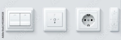 Four white wall-mounted electrical components a double switch, a dimmer switch, an outlet, and a remote control