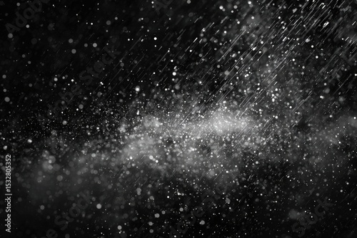 Abstract grayscale image of cascading particles on a black background, resembling rain or stardust, with varying densities and sizes of particles