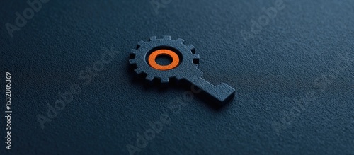 Dark-blue surface with a dark-grey key-shaped object, featuring an orange gear at its head