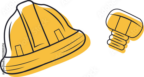 Yellow hard hat is showcasing flat vector style, with screw fastener on transparent backdrop