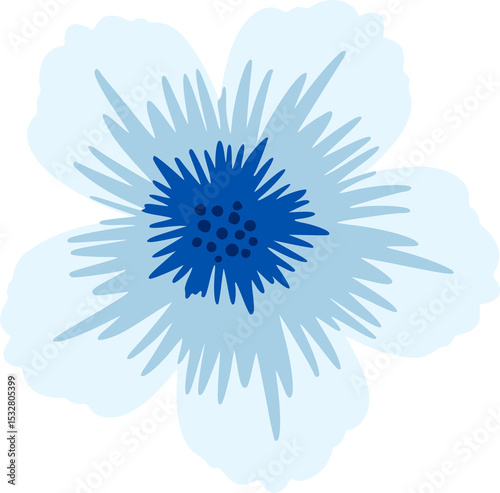 Fototapeta Naklejka Na Ścianę i Meble -  Flat flower art is showing light-blue petals with navy stamen and dots, transparent background