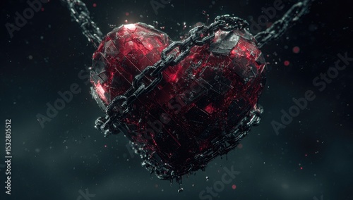 Shattered crimson heart, ensnared by heavy, dark chains, suspended in a smoky, ominous void; fragments drip