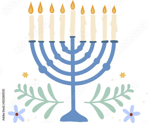Showing flat Hanukkah menorah nine lit candles, lit flames, foliage, stars, transparent background