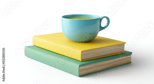 A teal mug of tea rests atop a stack of yellow and green books against a white background