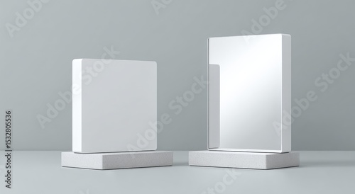 Two blank, white, rectangular display stands, one opaque, one translucent, sit on smaller, square bases against a neutral grey background