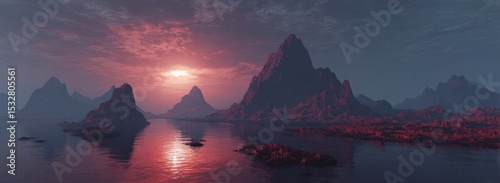 Serene sunset over a crimson-hued lake, nestled amongst dramatic, dark mountains under a dusky sky