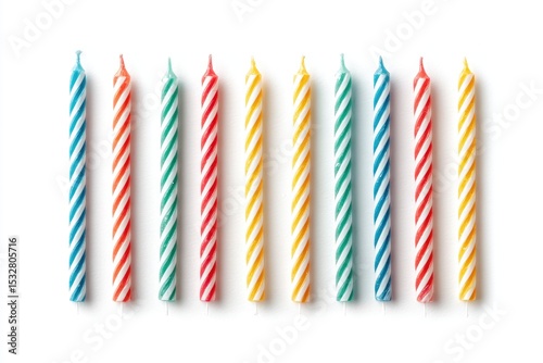 Ten colorful, spiraled birthday candles arranged in a row on a white background (1)