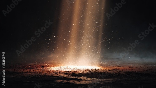 Two luminous beams illuminate a dark, textured surface, showering it with incandescent particles and a hazy, ethereal glow