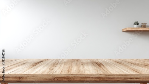 Light-colored wood table against a white wall with a small wooden shelf holding succulents