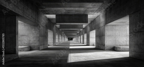 Monochromatic perspective of a long, concrete corridor with recessed lighting and shadowed walls
