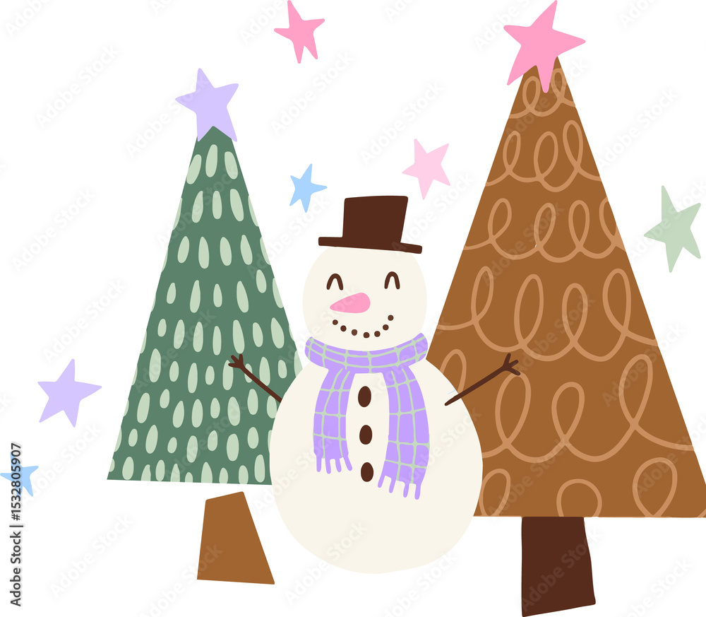 Naklejka premium Cartoon snowman with hat and scarf is standing among patterned trees, stars, transparent background