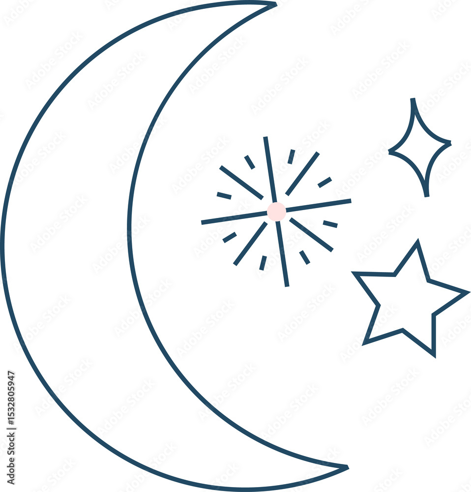 Minimal line art is showing crescent moon, five point star and sparkle on transparent background Minimal line art is showing crescent moon, five point star and sparkle on transparent background