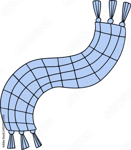 Light blue checked scarf is flowing S-curve on transparent background, grid  and  tassels, copy spac