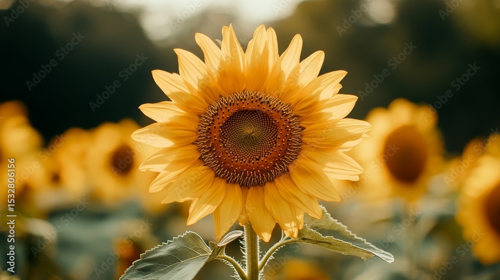 Naklejka premium A close-up shot of a single sunflower, showcasing its intricate petals and rich yellow color, with a blurred field of sunflowers in the background