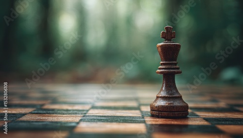 A lone, dark-wood chess king stands on a worn board, set against a blurred, verdant forest backdrop