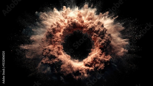 A ring of peach and taupe colored powder explodes against a black background, creating a dynamic, circular burst with subtle texture and depth