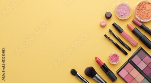 Flatlay of various makeup products arranged on a yellow background, leaving ample space to the left