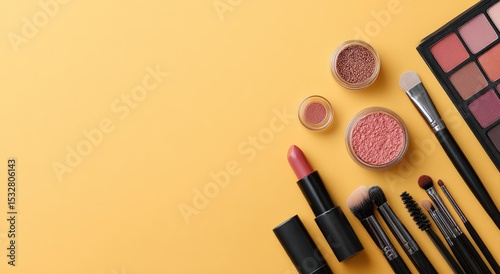 Flatlay of makeup products and brushes on a yellow background; eyeshadow palette, lipstick, loose powder, and various brushes