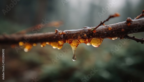 Amber resin dripping from a slender tree branch, showcasing its translucent, golden hue against a blurred forest backdrop