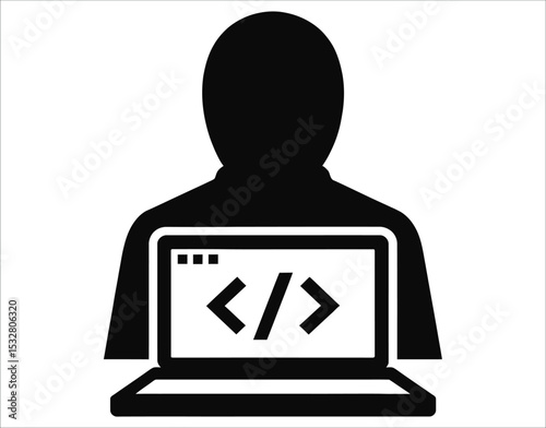 Programmer Silhouette Icon – Terminal and Brackets