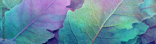 Close-up of overlapping leaves in pastel blues, purples, and greens, showcasing intricate vein patterns and translucent texture