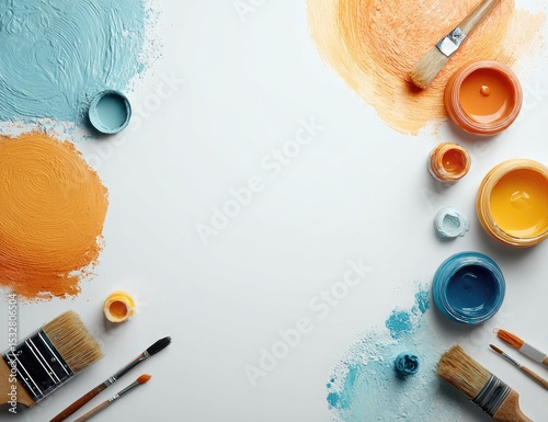 Paint, brushes, and containers arranged on a white background, forming a border