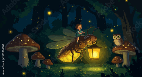 Adventurous little boy riding a giant firefly with a lantern in a magical night forest