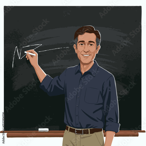 Friendly male teacher writing with chalk on a blackboard with spaces for text