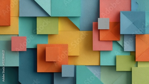 Abstract composition of various-sized, pastel-colored squares and rectangles, layered to create a three-dimensional effect