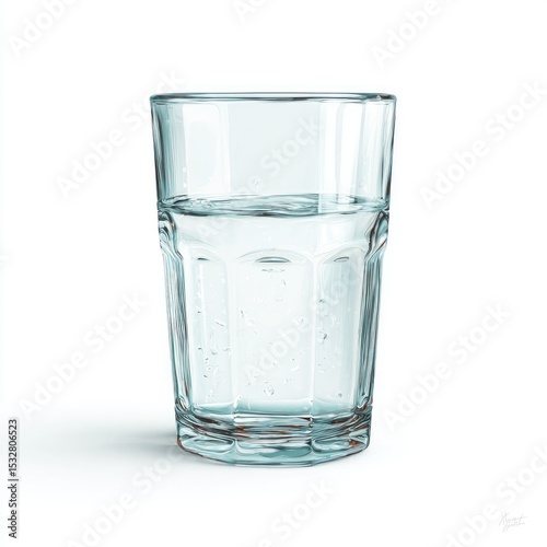 A partly-filled, clear glass tumbler of still water sits on a white background, showcasing subtle light reflections and tiny bubbles