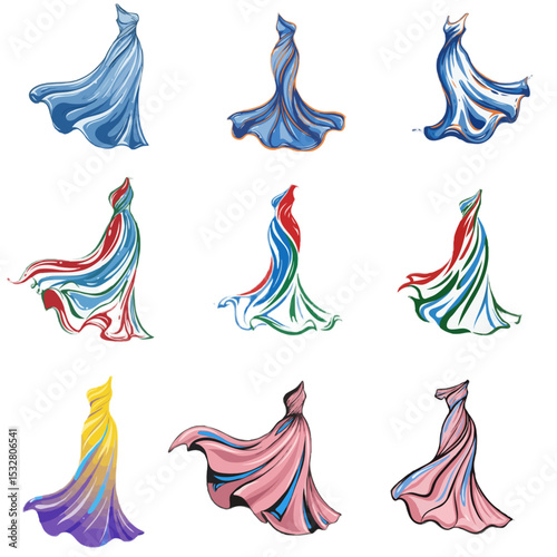A set of icons. Artistic sketch collection in various colors depicting elegant evening gowns for a fashion design concept 