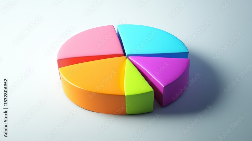 Fototapeta premium A colorful D pie chart with segmented sections in vibrant shades, each piece slightly raised, casting soft shadows on a white background