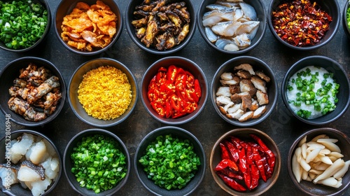 A collection of vibrant ingredients laid out for preparing rice porridge, including various toppings like fried fish, green onions, and chili flakes, showcasing variety.
