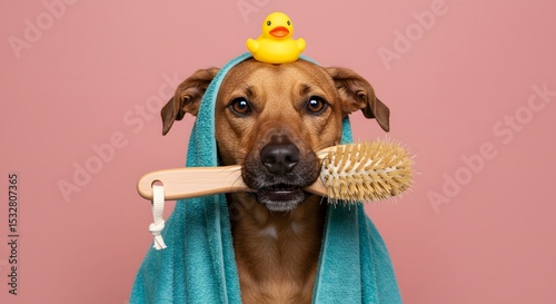 Adorable Dog Ready for Bath with Rubber Duck and Brush on Pink Background