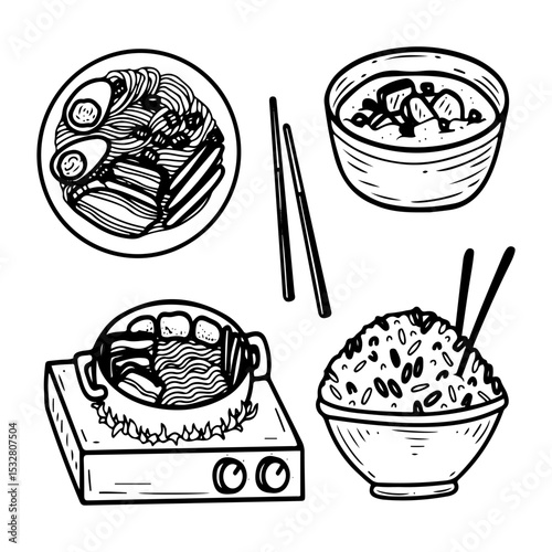 Asian style food set. Hand drawn doodle vector. Miso soup, ramen. Bowl of rice. Spicy beef noodles. Chopsticks. Restaurant menu. Illustration line art elements collection.