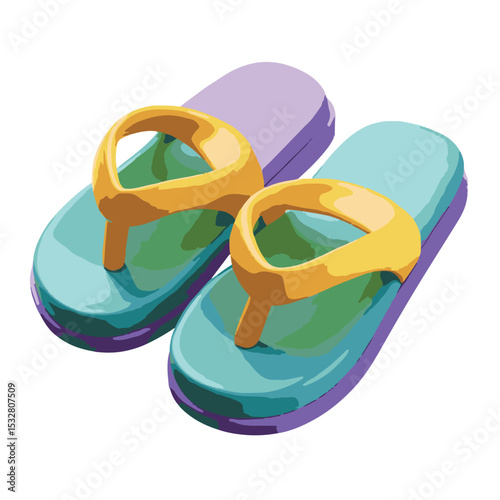 Vibrant yellow and purple flip-flops in 3D vector, perfect for summer vacations and beach-themed visuals