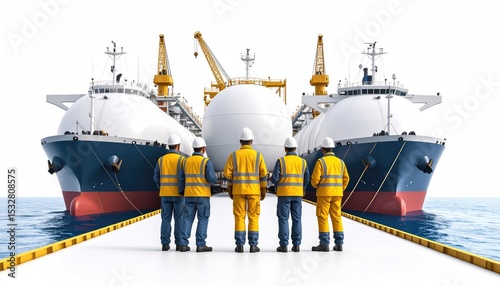 import oil oil shipment supply chain. Workers in safety gear observe large gas tankers at a dock, highlighting industrial maritime operations and teamwork. photo