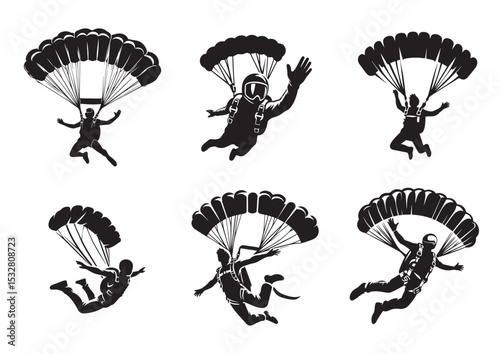 Skydiver man extreme sport freedom Silhouette Vector Set
