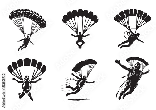 Skydiver man extreme sport freedom Silhouette Vector Set