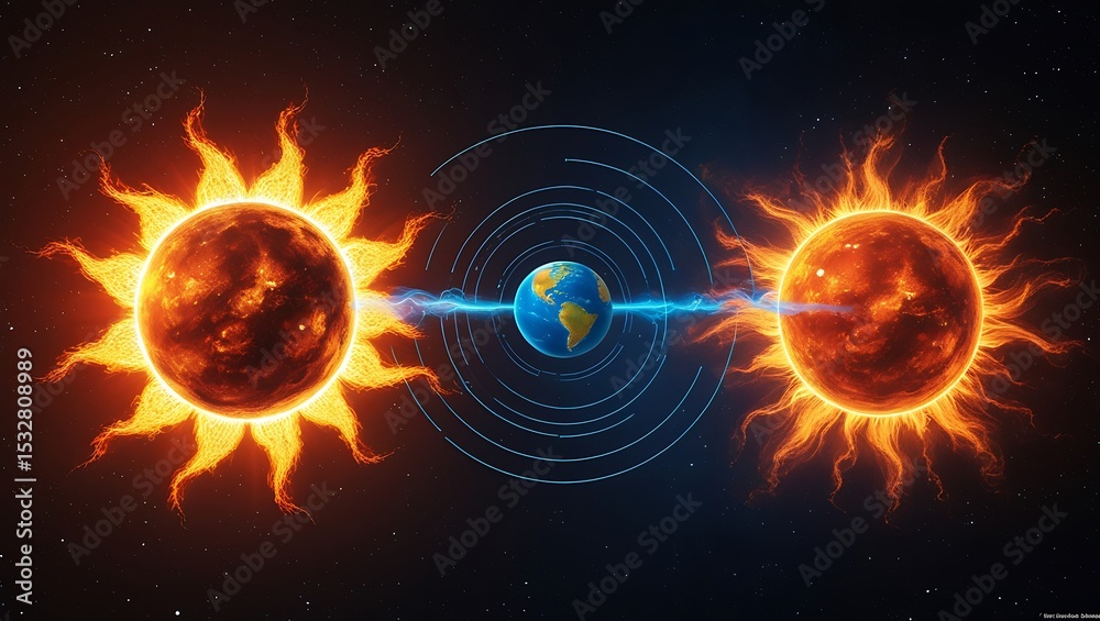 Fototapeta premium Earth’s Magnetic Field Between Twin Suns in Vibrant Cosmic Scene