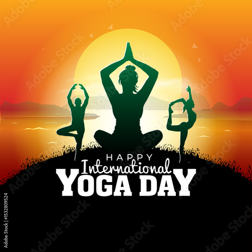 International Yoga Day invitation card. Yoga body posture illustration. Group of people practicing yoga background.