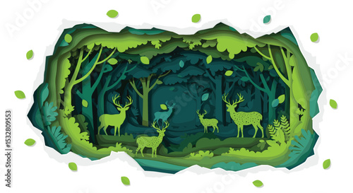 Paper Cutout Art Depicting a Forest Scene with Deer and Lush Greenery Design